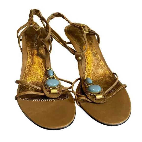 Nine West Strappy Tan Turquoise Color Stones Heel Size 6.5 - Picture 1 of 7